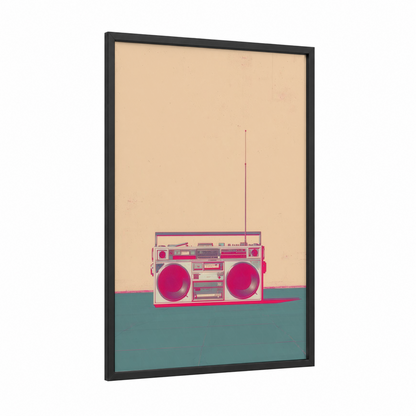 Retro Boombox framed art print — black wood frame — magenta and peach palette