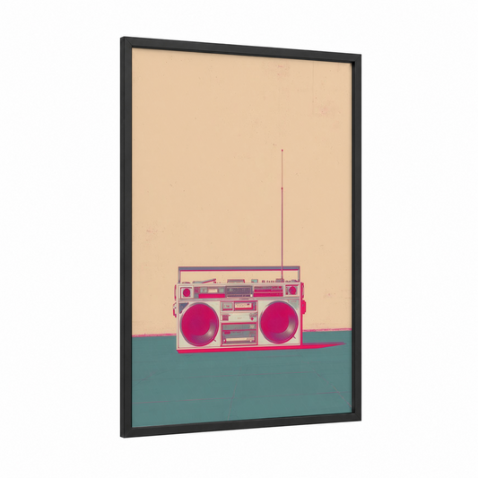 Retro Boombox framed art print — black wood frame — magenta and peach palette