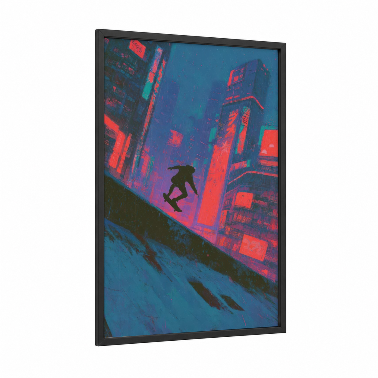 Neon Skateboarder framed skateboarding print — black wood frame — magenta and blue palette