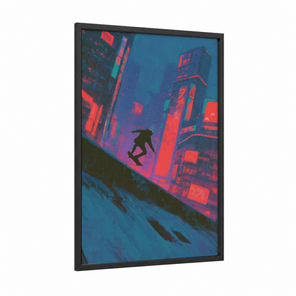 Neon Skateboarder framed skateboarding print — black wood frame — magenta and blue palette