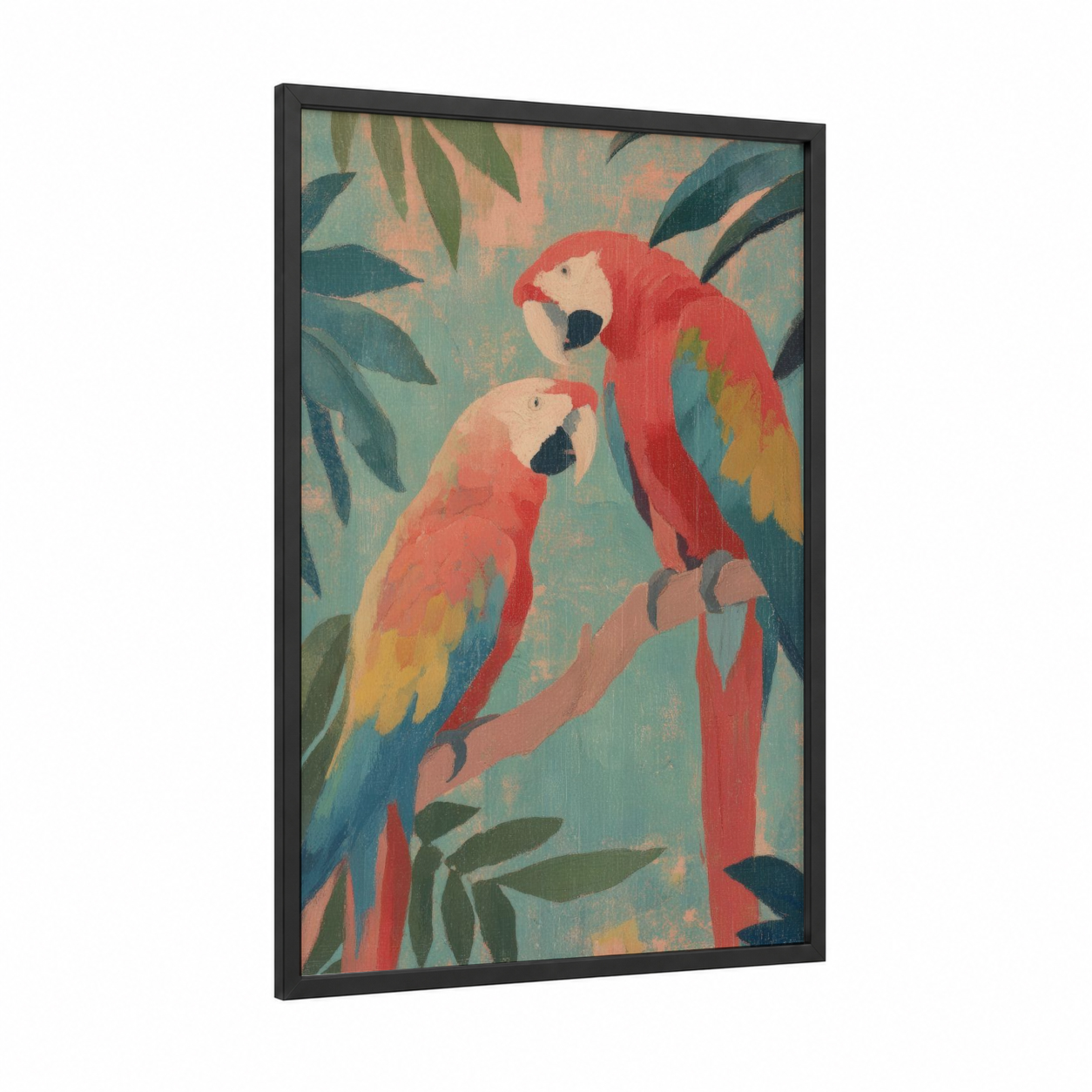 Tropical Macaw Pair framed animals in love print — black wood frame — teal and red palette