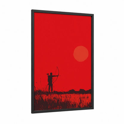 Sunset Archer framed archery print — black wood frame — red and black palette