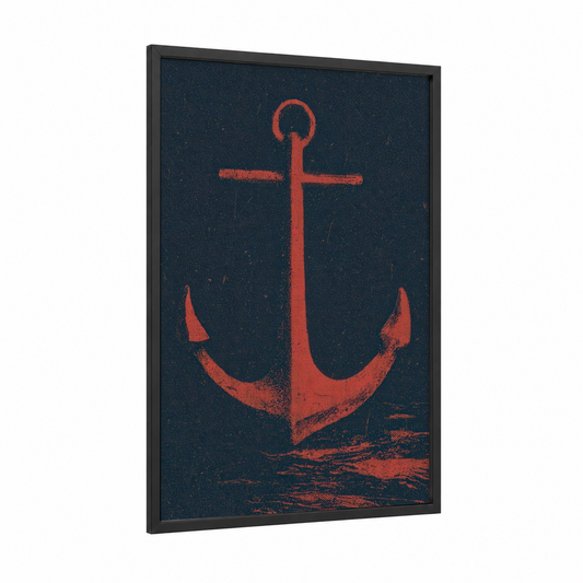 Crimson Anchor framed art print — black wood frame — red and black and white palette