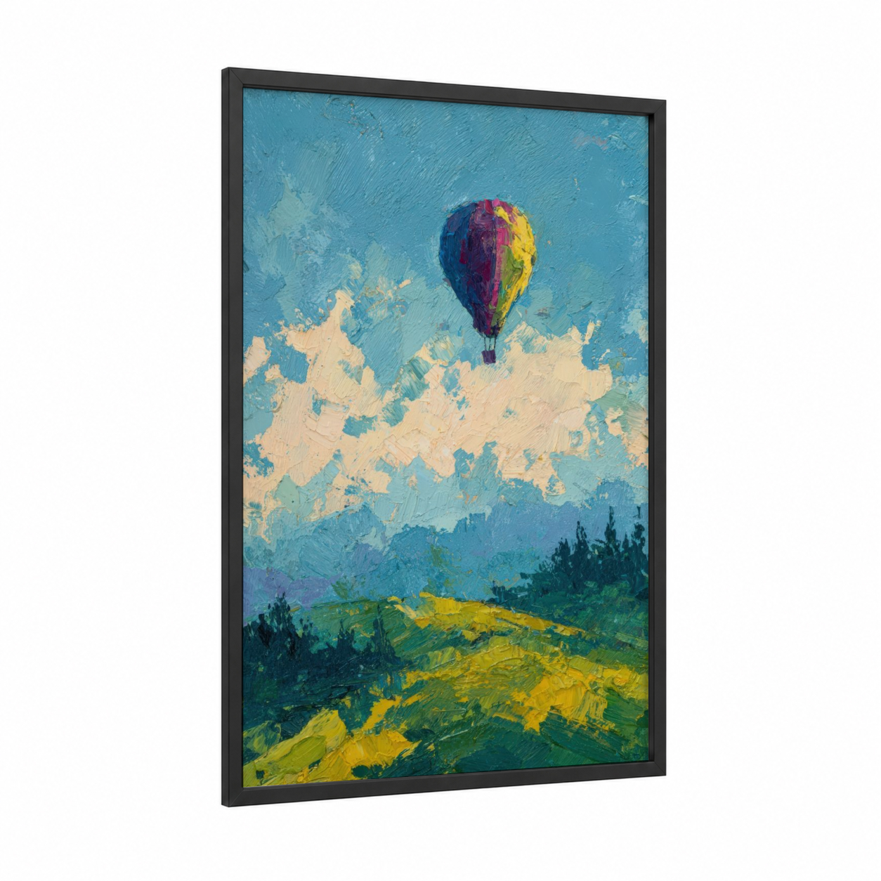Colorful Sky Adventure framed hot air baloon print — black wood frame — blue and gold palette