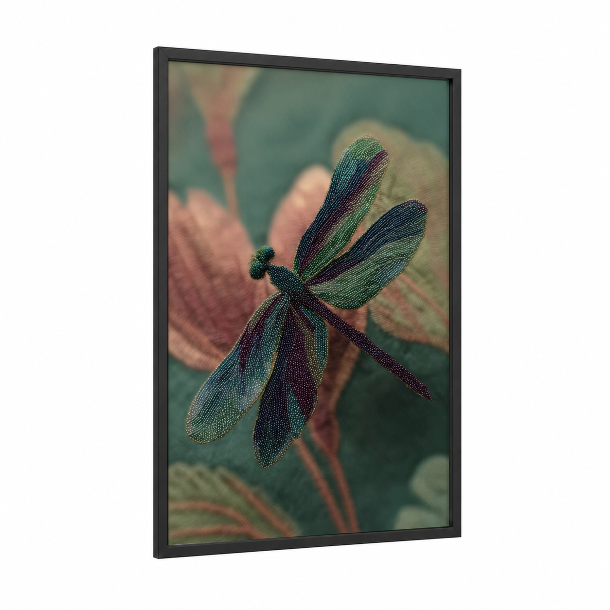 Iridescent Dragonfly framed beadwork print — black wood frame — teal and green palette