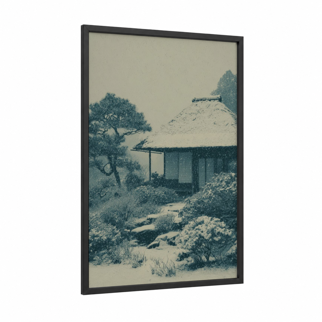 Snowy Mountain Retreat framed winter print — black wood frame — blue and cream palette