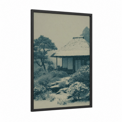 Snowy Mountain Retreat framed winter print — black wood frame — blue and cream palette