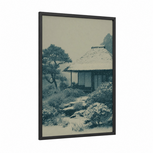 Snowy Mountain Retreat framed winter print — black wood frame — blue and cream palette