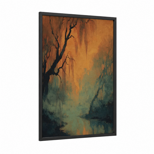 Misty Willow Forest framed art print — black wood frame — gold and sage green palette