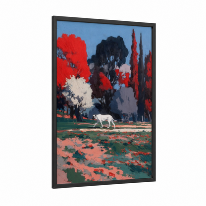 Solitary Mastiff framed art print — black wood frame — red and blue and white palette