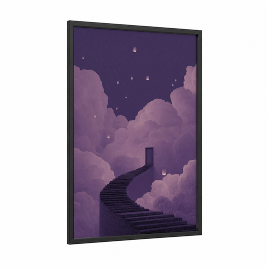 Stairway to Dreams framed fairytale print — black wood frame — purple and lavender palette