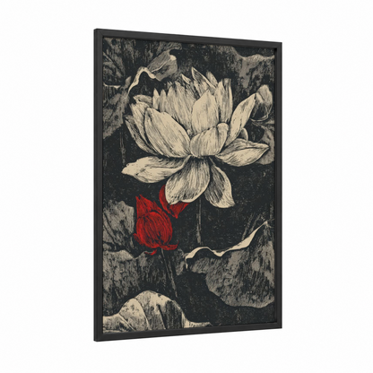 Crimson Lotus Bloom framed art print — black wood frame — black and white and red palette