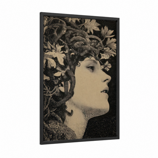 Medusa Profile framed art print — black wood frame — black and white palette