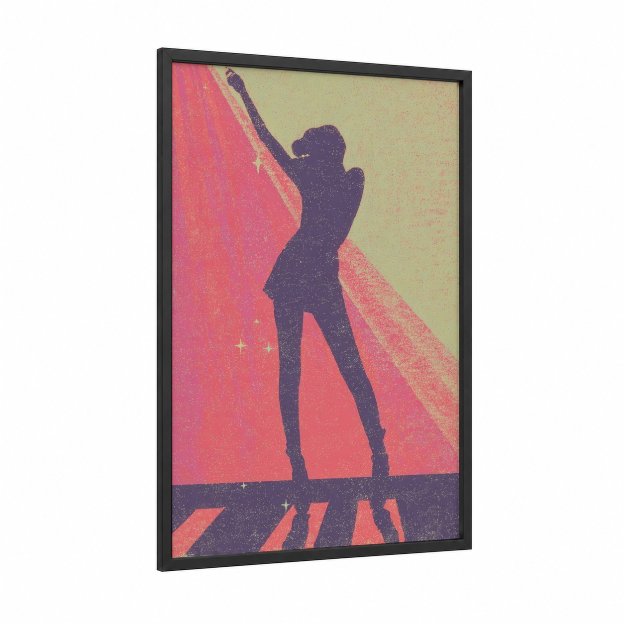 Spotlight Performer framed retro pop print — black wood frame — salmon pink and purple palette