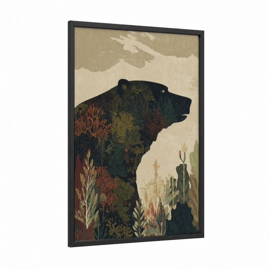 Arctic Landscape Bear framed polar bear print — black wood frame — cream and dark green palette