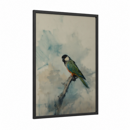 Perched Macaw framed safari parrots print — black wood frame — light green and dove gray palette