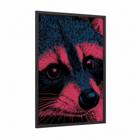Neon Raccoon framed art print — black wood frame — magenta and blue palette
