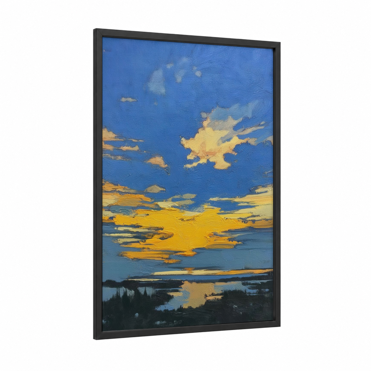 Golden Sunset Abstraction framed abstract classic print — black wood frame — blue and gold palette