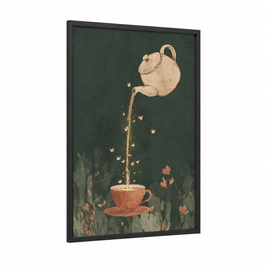 Glowing Teapot Garden framed fireflies print — black wood frame — dark green and salmon pink palette