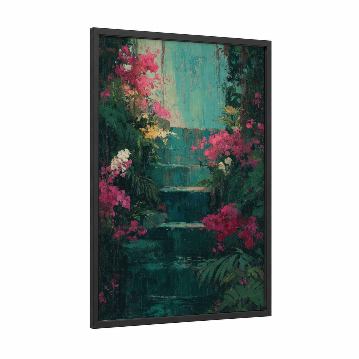 Floral Staircase framed art print — black wood frame — teal and pink palette
