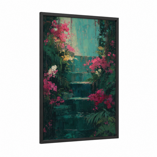 Floral Staircase framed art print — black wood frame — teal and pink palette