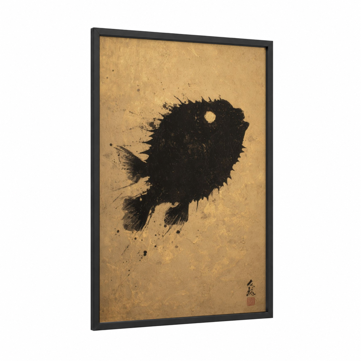 Spiky Puffer Fish framed art print — black wood frame — black and cream palette
