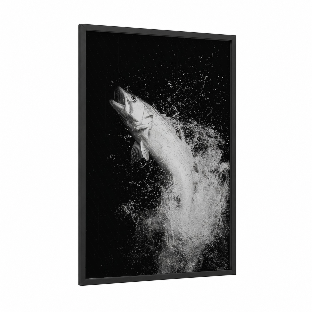 Jumping Snook framed art print — black wood frame — black and white palette