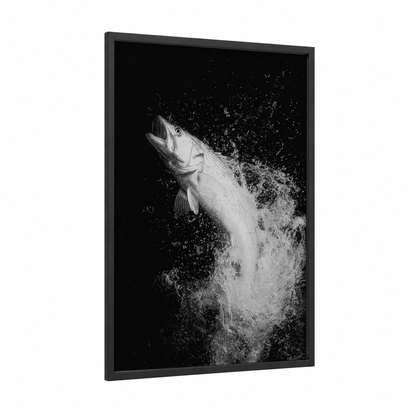 Jumping Snook framed art print — black wood frame — black and white palette