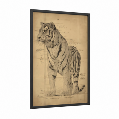Anatomical Tiger framed art print — black wood frame — black and white and cream palette