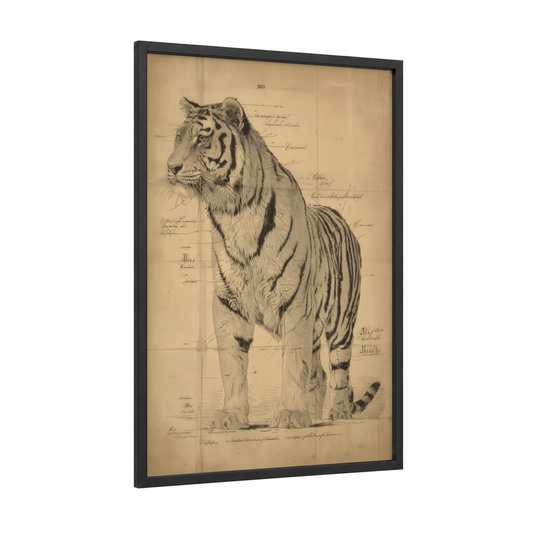 Anatomical Tiger framed art print — black wood frame — black and white and cream palette