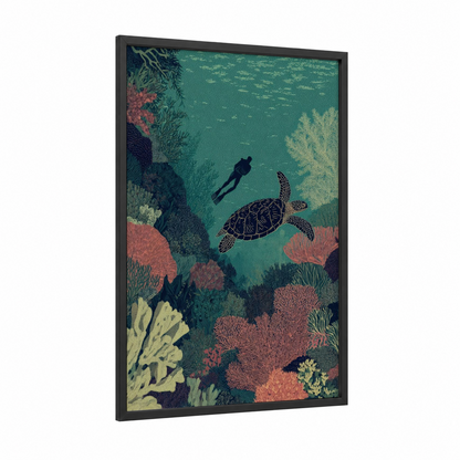 Turtle Dive framed diving print — black wood frame — teal and salmon pink palette