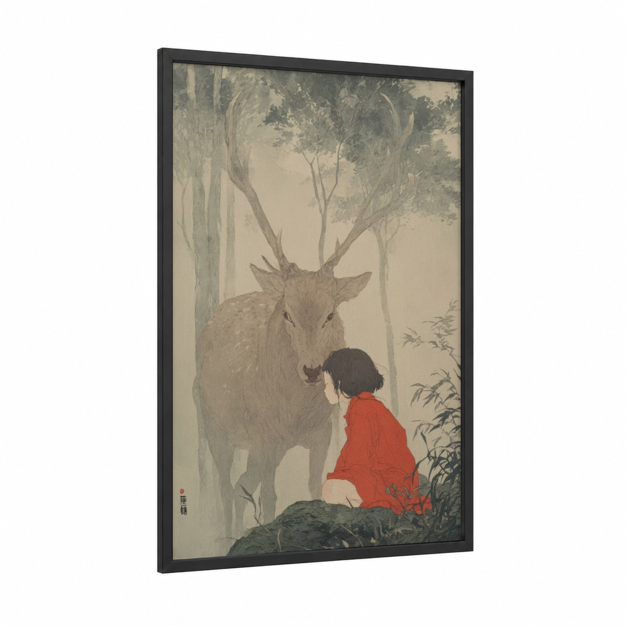 Forest Encounter framed kids animals print — black wood frame — cream and gray palette