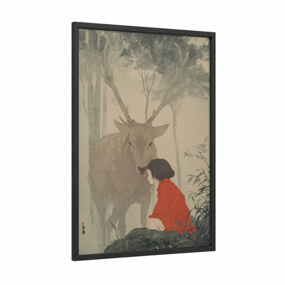 Forest Encounter framed kids animals print — black wood frame — cream and gray palette