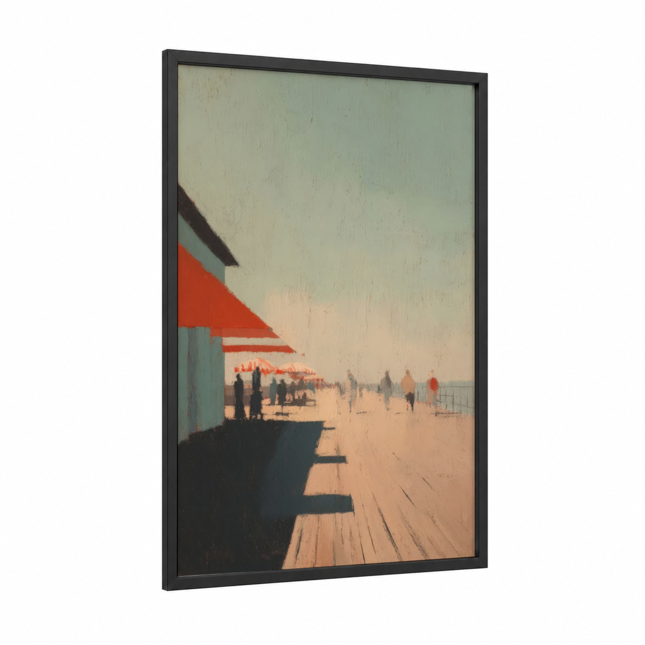 Seaside Promenade framed docks and piers print — black wood frame — peach and cream palette