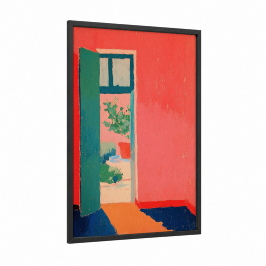 Open Doorway framed art print — black wood frame — red and teal palette