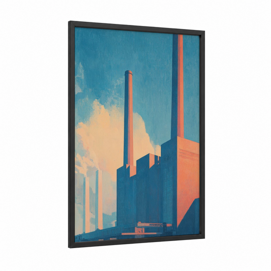 Industrial Sunset framed factory print — black wood frame — teal and peach palette