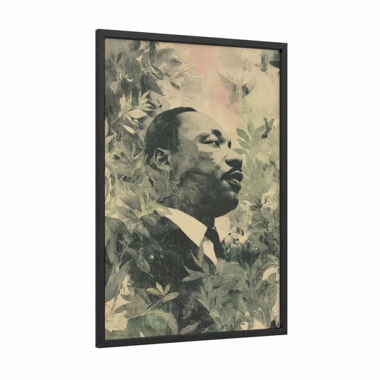 MLK Legacy Portrait framed martin luther king jr day print — black wood frame — black and white and sage green palette