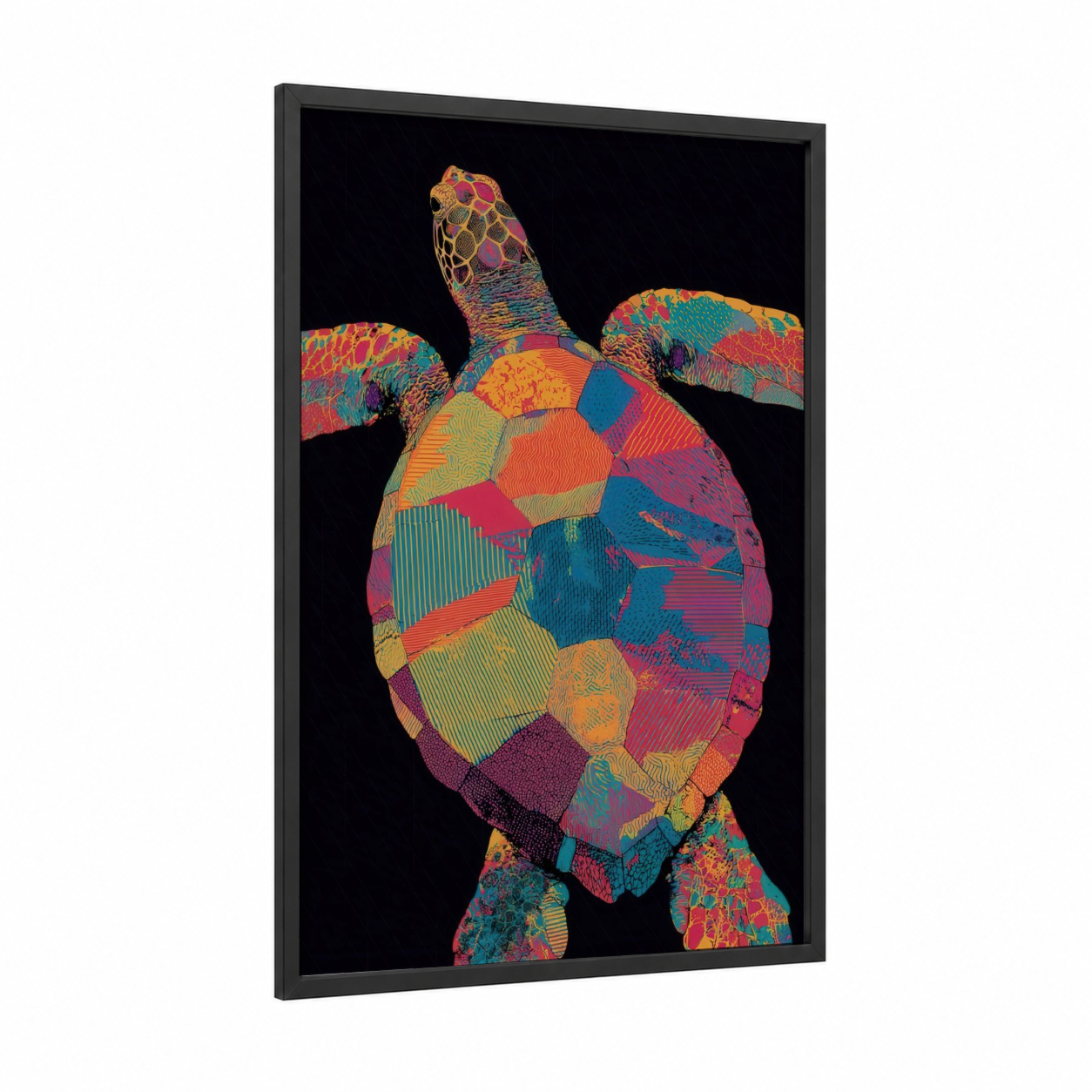 Colorful Sea Turtle framed art print — black wood frame — magenta and teal palette