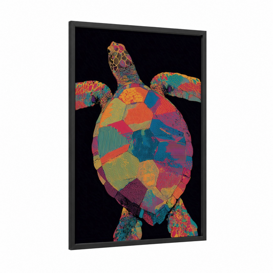 Colorful Sea Turtle framed art print — black wood frame — magenta and teal palette