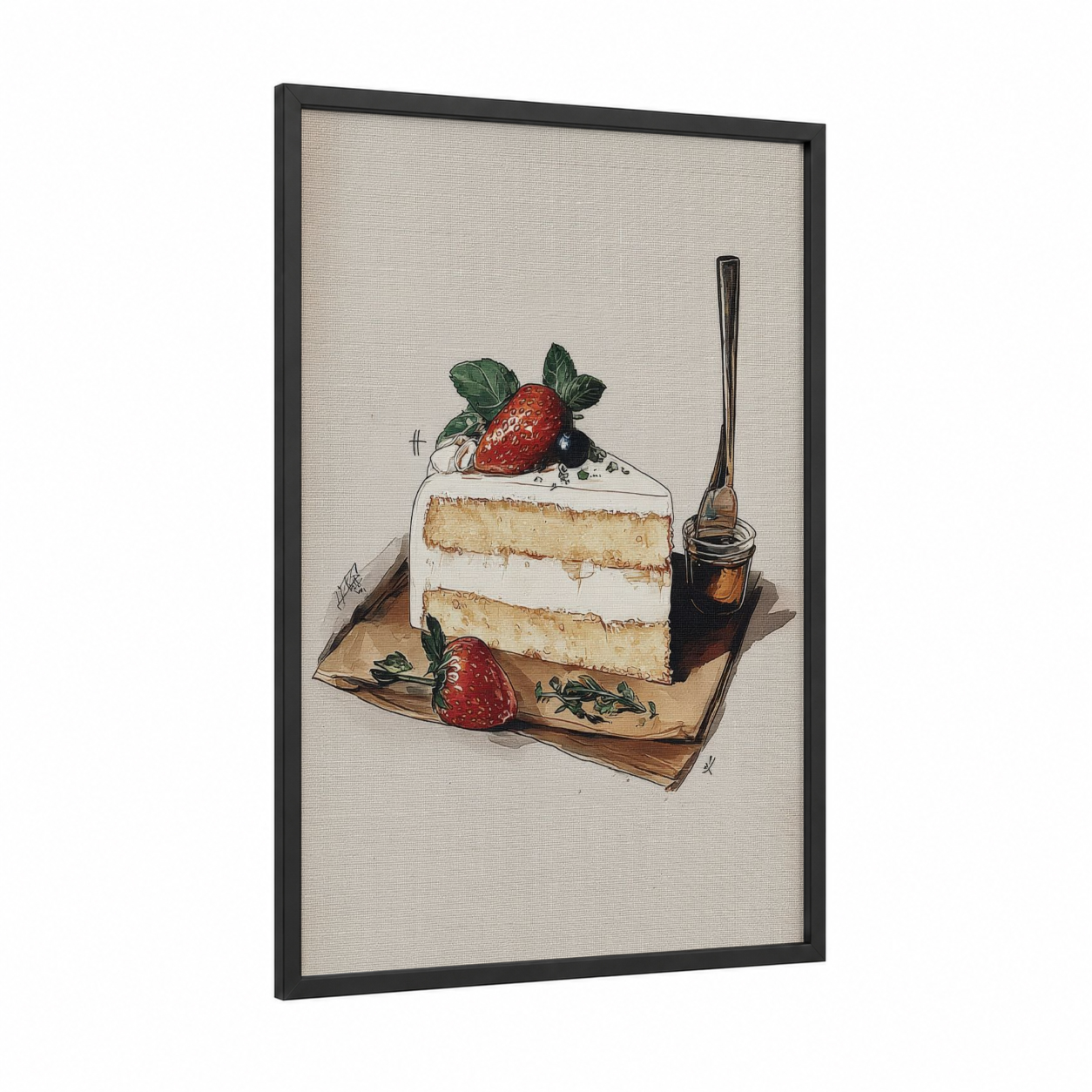 Strawberry Cake Slice framed sweet print — black wood frame — cream and russet palette
