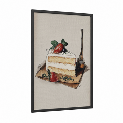 Strawberry Cake Slice framed sweet print — black wood frame — cream and russet palette