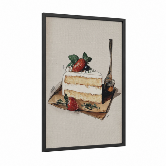 Strawberry Cake Slice framed sweet print — black wood frame — cream and russet palette