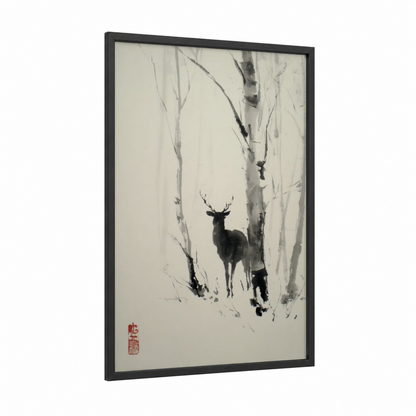 Snowy Reindeer framed art print — black wood frame — black and white and gray palette