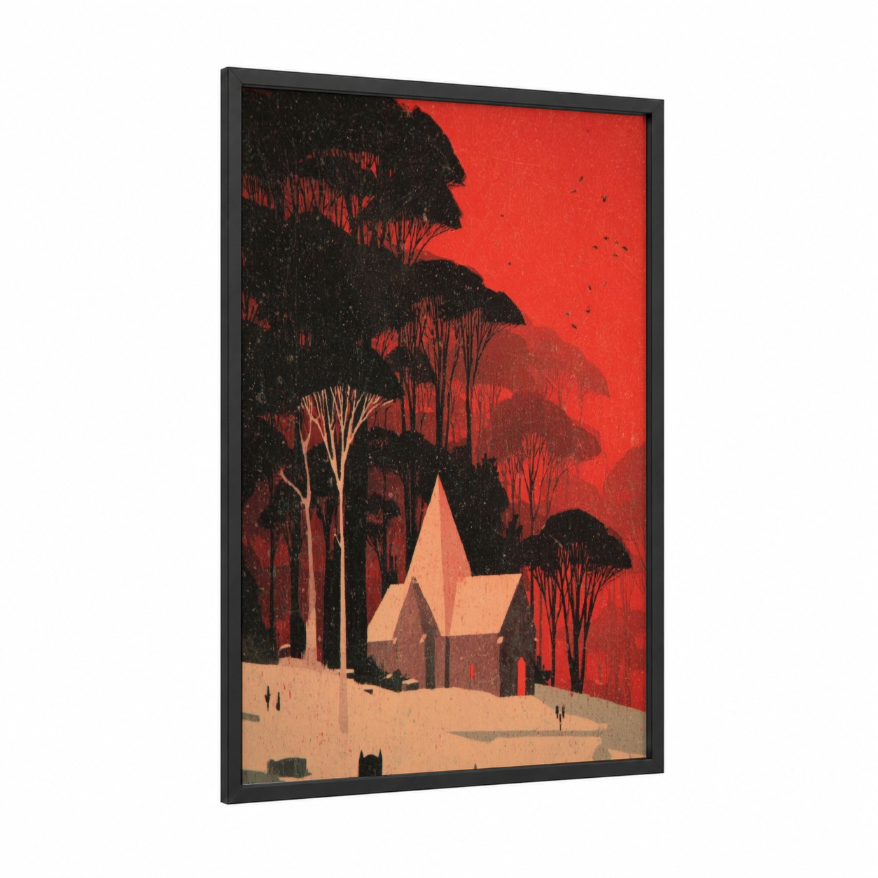 Crimson Chapel Winter framed churches and chapels print — black wood frame — red and black palette