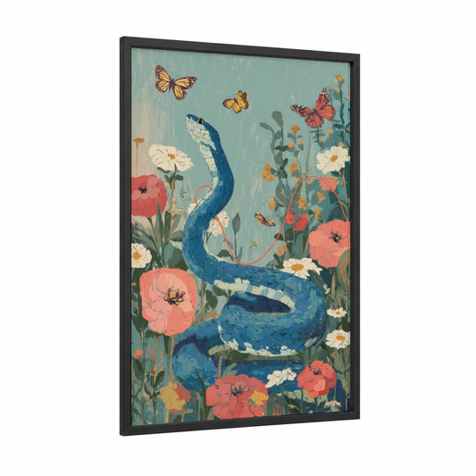 Garden Viper framed art print — black wood frame — blue palette