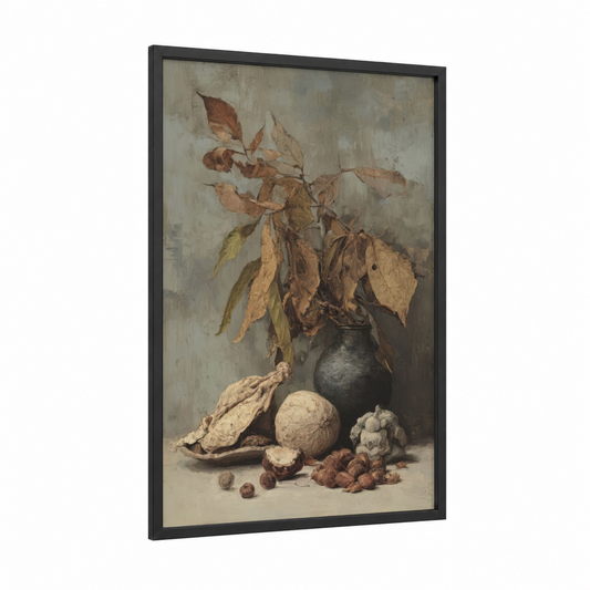 Autumn Banyan Study framed banyan tree print — black wood frame — gray and russet palette
