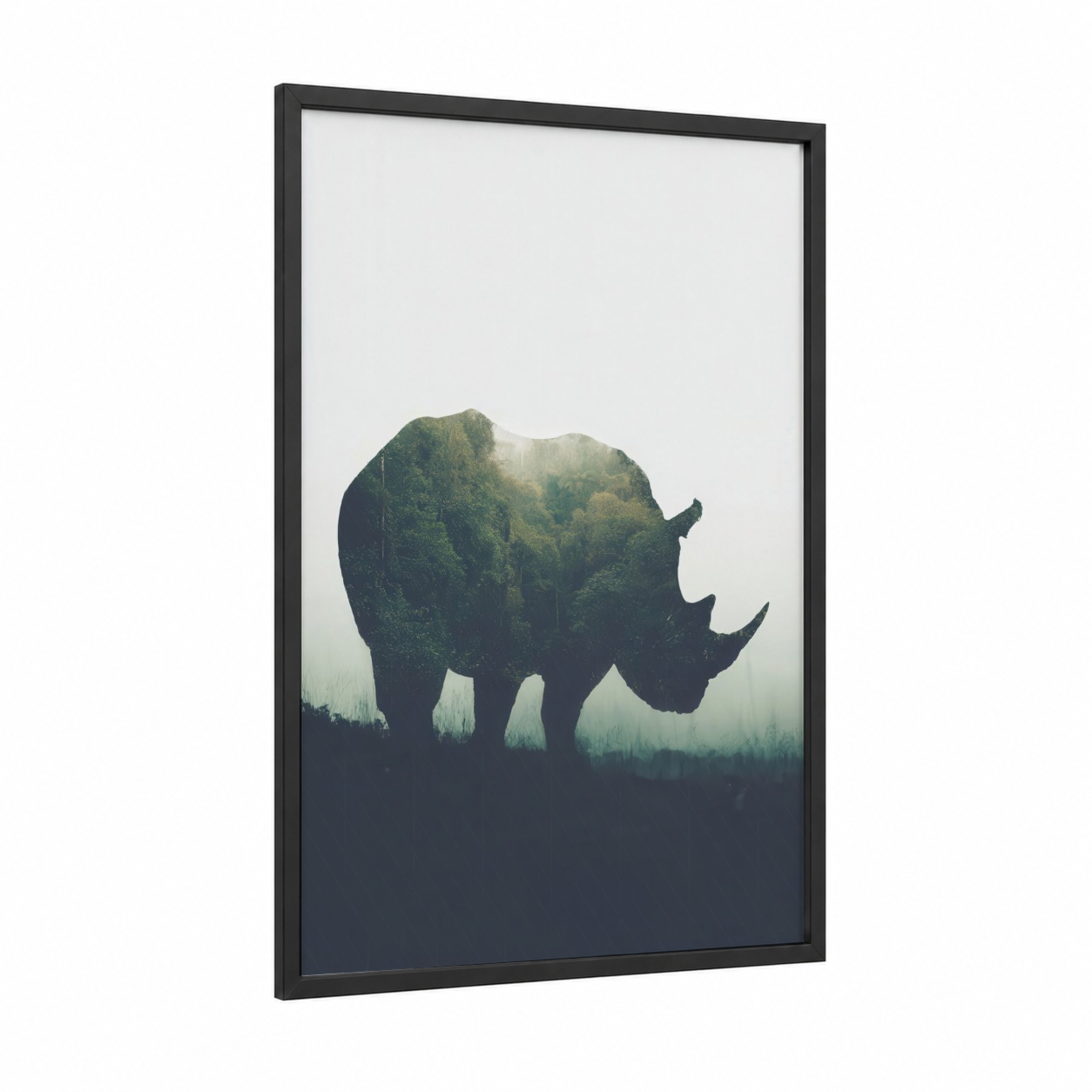 Forest Rhino framed art print — black wood frame — dark green and gray palette