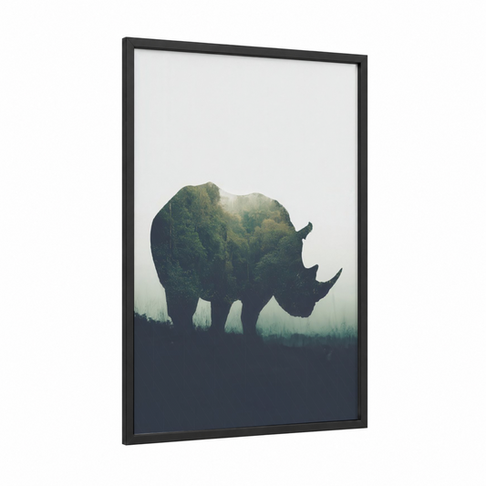 Forest Rhino framed art print — black wood frame — dark green and gray palette