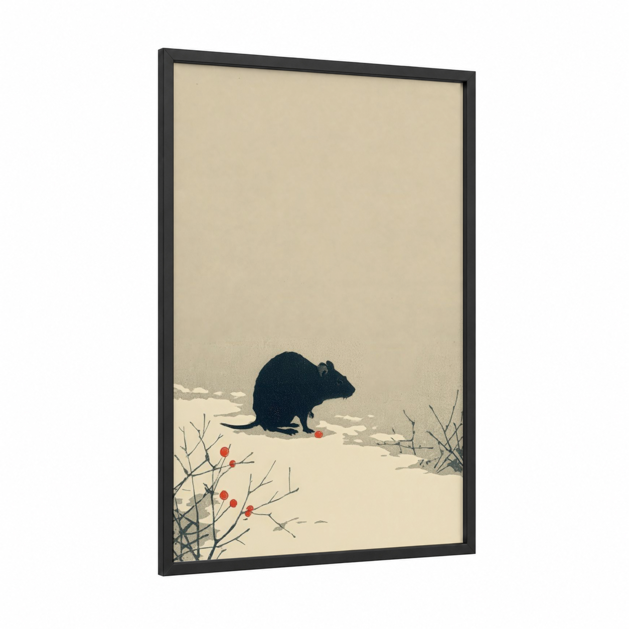 Winter Mouse framed mice print — black wood frame — cream and black and white palette