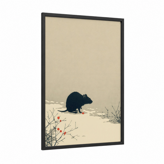 Winter Mouse framed mice print — black wood frame — cream and black and white palette